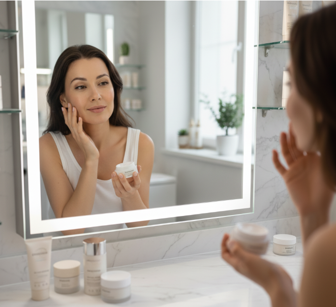 Kobieta nakłada krem do twarzy Dottore – świadoma pielęgnacja dopasowana do typu cery i potrzeb skóry.