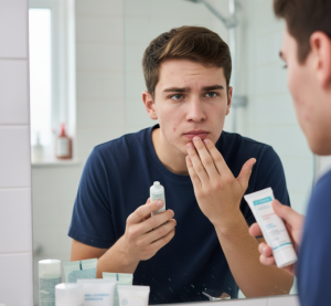 Mężczyzna z cerą trądzikową nakładający krem Dottore – pielęgnacja skóry problematycznej z niacynamidem i kwasem salicylowym.
