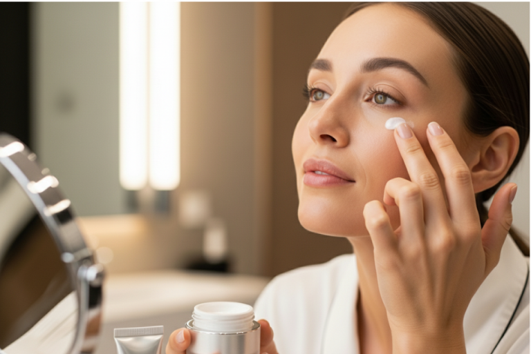 Kobieta nakłada krem pod oczy Dottore – delikatna pielęgnacja okolic oczu z peptydami i kwasem hialuronowym.