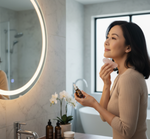 Kobieta aplikująca krem przeciwzmarszczkowy Dottore – pielęgnacja poprawiająca jędrność i elastyczność skóry.