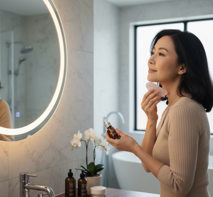 Kobieta aplikująca krem przeciwzmarszczkowy Dottore – pielęgnacja poprawiająca jędrność i elastyczność skóry.