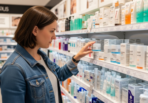 Kobieta wybierająca krem ujędrniający Dottore w drogerii – świadomy wybór kosmetyków przeciwstarzeniowych.