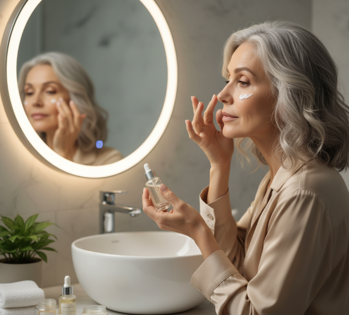 Dojrzała kobieta nakładająca krem na twarz w łazience – pielęgnacja skóry po 50. roku życia.