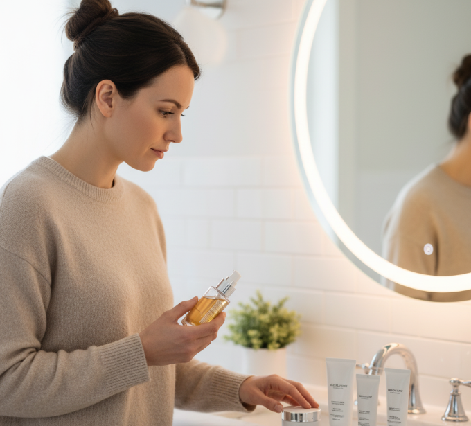 Kobieta po 30. roku życia wybiera krem do pielęgnacji twarzy w łazience.