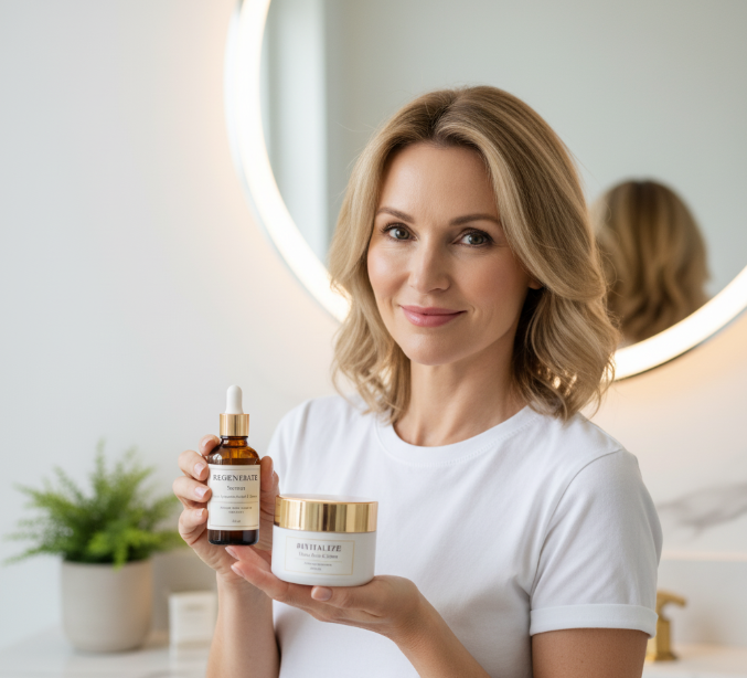 Kobieta po 45. roku życia prezentuje serum i krem przeciwzmarszczkowy do codziennej pielęgnacji twarzy.
