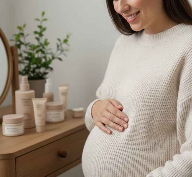 Kobieta w ciąży siedząca w jasnym wnętrzu z zestawem kosmetyków pielęgnacyjnych w tle.