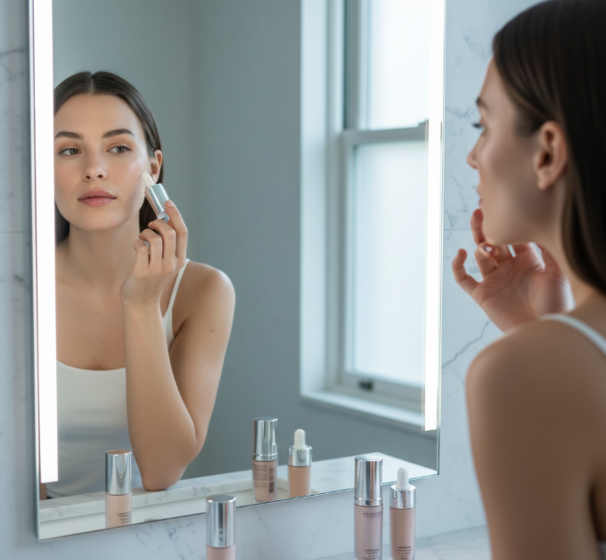 Kobieta nakładająca rozświetlający krem na twarz w letniej pielęgnacji.