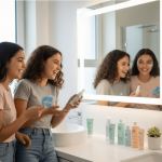 Dwie nastolatki uśmiechają się w łazience, testując kosmetyki do pielęgnacji cery młodzieńczej przed lustrem.