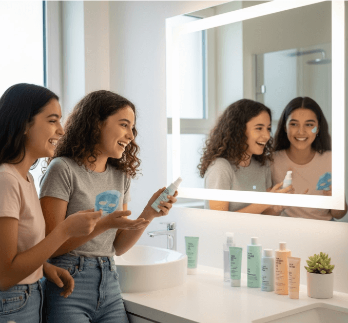 Dwie nastolatki uśmiechają się w łazience, testując kosmetyki do pielęgnacji cery młodzieńczej przed lustrem.