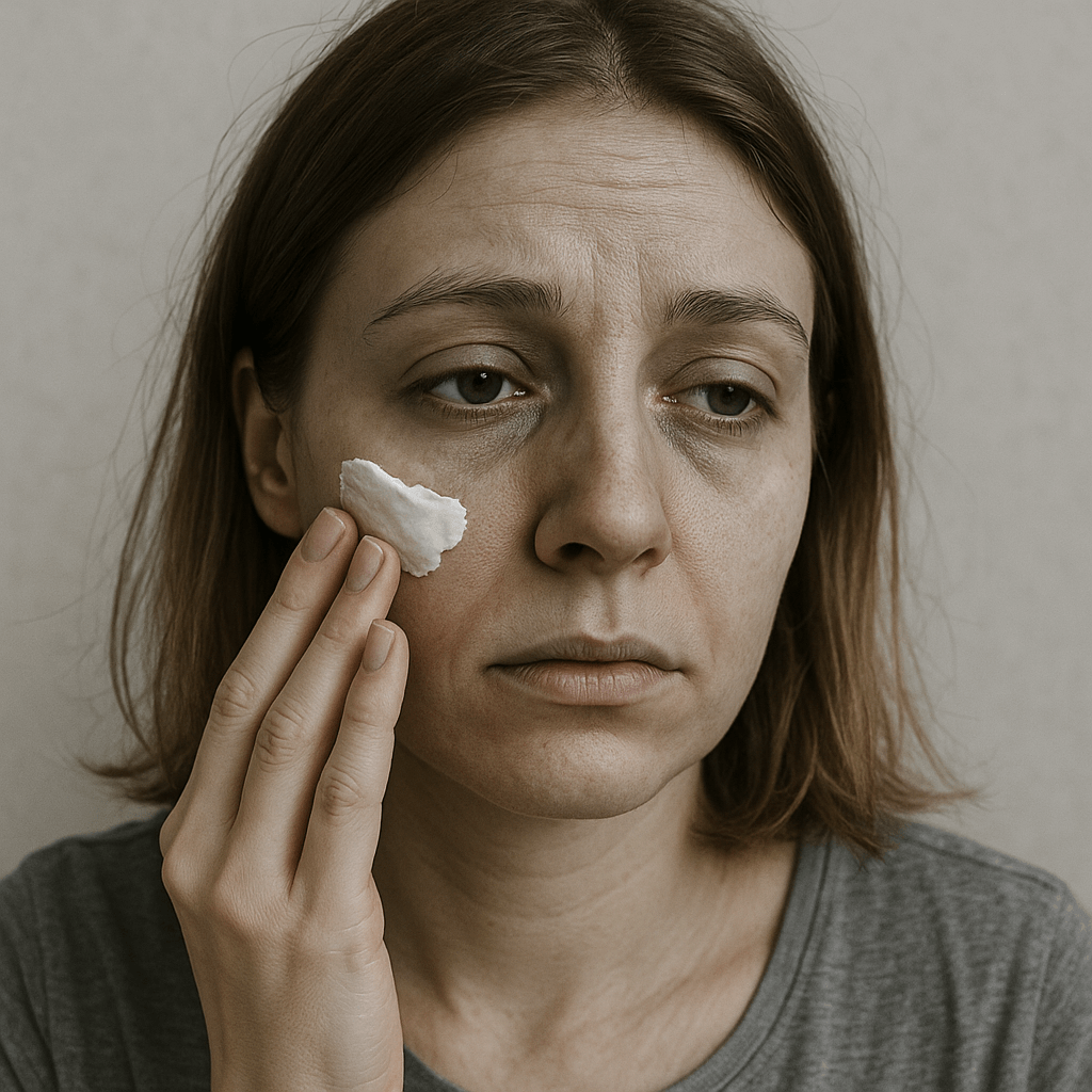 Kobieta o zmęczonej cerze nakłada krem rozświetlający na policzek, pielęgnując skórę twarzy.