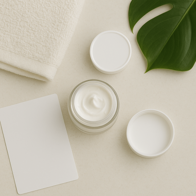 Słoiczek z kremem nawilżającym na tle ręcznika i zielonego liścia — minimalistyczna kompozycja kosmetyków pielęgnacyjnych.