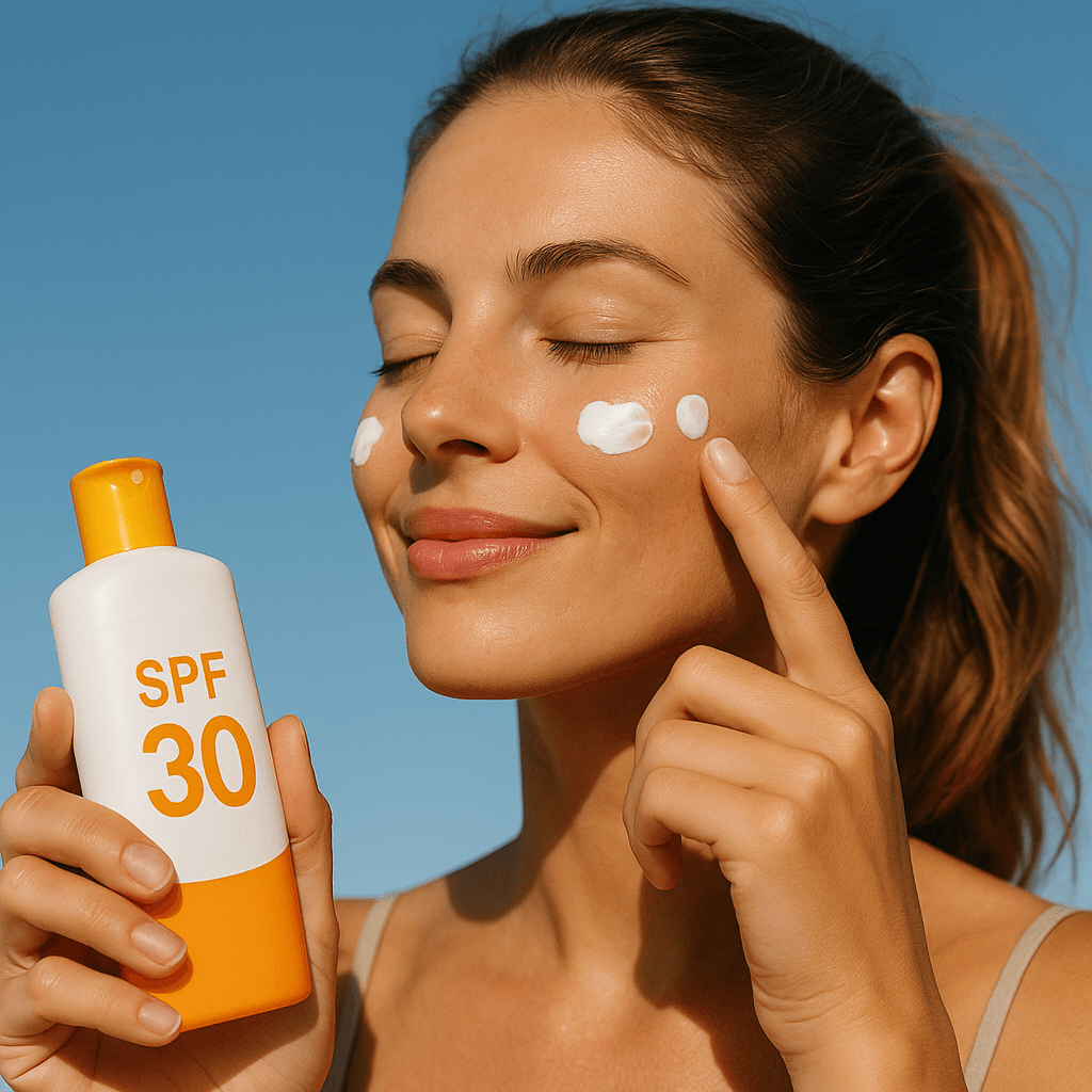 Kobieta nakłada krem z filtrem SPF 30 na twarz, chroniąc skórę przed słońcem i fotostarzeniem.