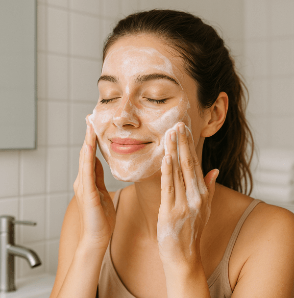 Kobieta delikatnie myje twarz pianką oczyszczającą podczas codziennej rutyny pielęgnacyjnej.