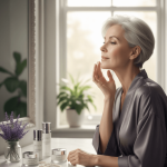 kobieta z siwymi włosami w satynowym szlafroku nakłada krem na twarz, stojąc przy toaletce z kosmetykami do pielęgnacji cery dojrzałej.