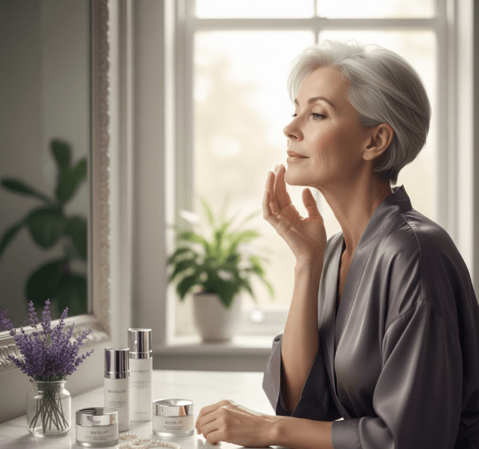 kobieta z siwymi włosami w satynowym szlafroku nakłada krem na twarz, stojąc przy toaletce z kosmetykami do pielęgnacji cery dojrzałej.