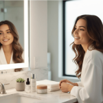 Młoda kobieta w białym szlafroku uśmiecha się, stojąc przy lustrze w łazience, z zestawem kosmetyków do pielęgnacji twarzy na blacie.