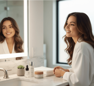 Młoda kobieta w białym szlafroku uśmiecha się, stojąc przy lustrze w łazience, z zestawem kosmetyków do pielęgnacji twarzy na blacie.