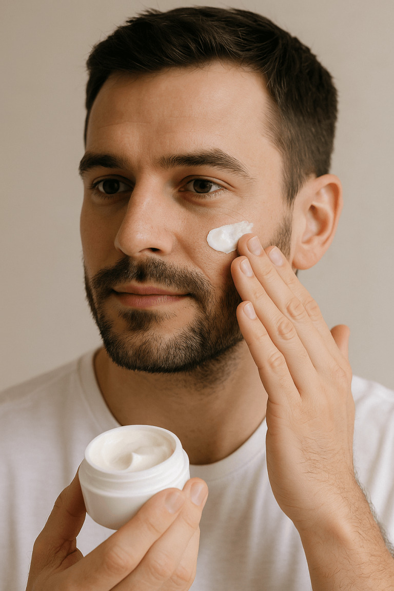 Mężczyzna nakłada krem na twarz jako element codziennej pielęgnacji skóry.