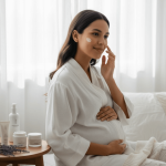 Kobieta w ciąży w białym szlafroku nakłada krem na twarz, siedząc w jasnym wnętrzu z zestawem kosmetyków pielęgnacyjnych obok siebie.