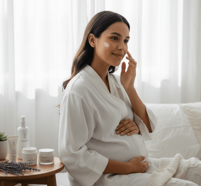 Kobieta w ciąży w białym szlafroku nakłada krem na twarz, siedząc w jasnym wnętrzu z zestawem kosmetyków pielęgnacyjnych obok siebie.