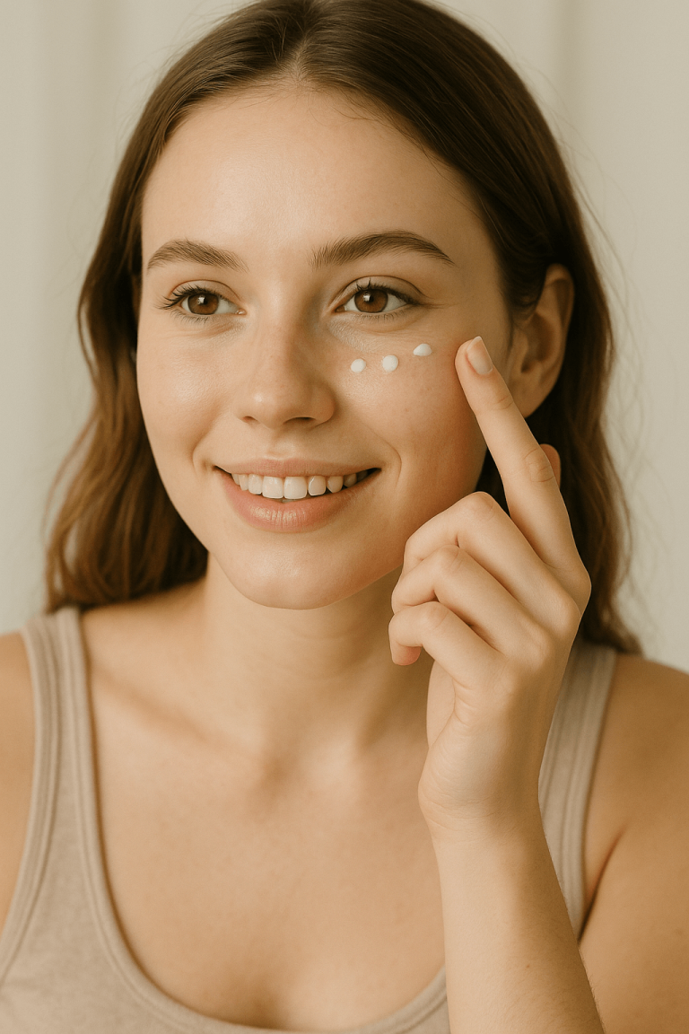 Uśmiechnięta kobieta nakłada krem pod oczy, dbając o nawilżenie i profilaktykę przeciwzmarszczkową.