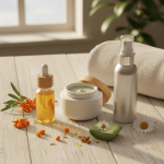 Naturalne kosmetyki do regeneracji skóry — krem, serum i olejek z roślinnymi ekstraktami na drewnianym stole w promieniach słońca.