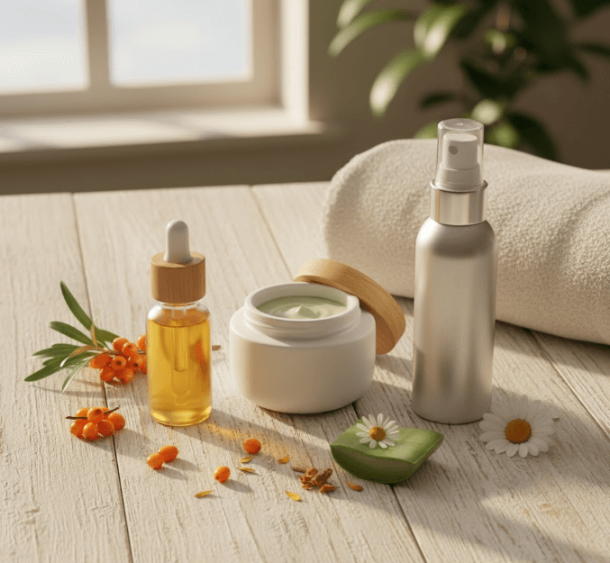Naturalne kosmetyki do regeneracji skóry — krem, serum i olejek z roślinnymi ekstraktami na drewnianym stole w promieniach słońca.