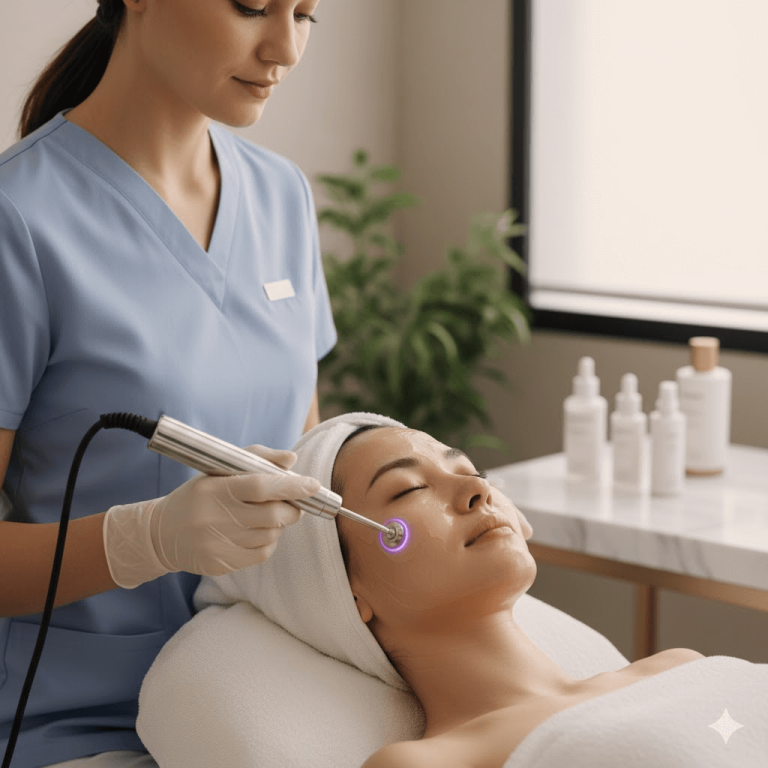 Kosmetolog wykonuje zabieg na twarz klientki przy użyciu nowoczesnego urządzenia emitującego światło, w profesjonalnym gabinecie kosmetycznym.