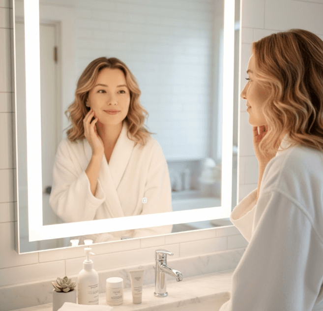 30-letnia kobieta ogląda swoją skórę w lustrze łazienkowym