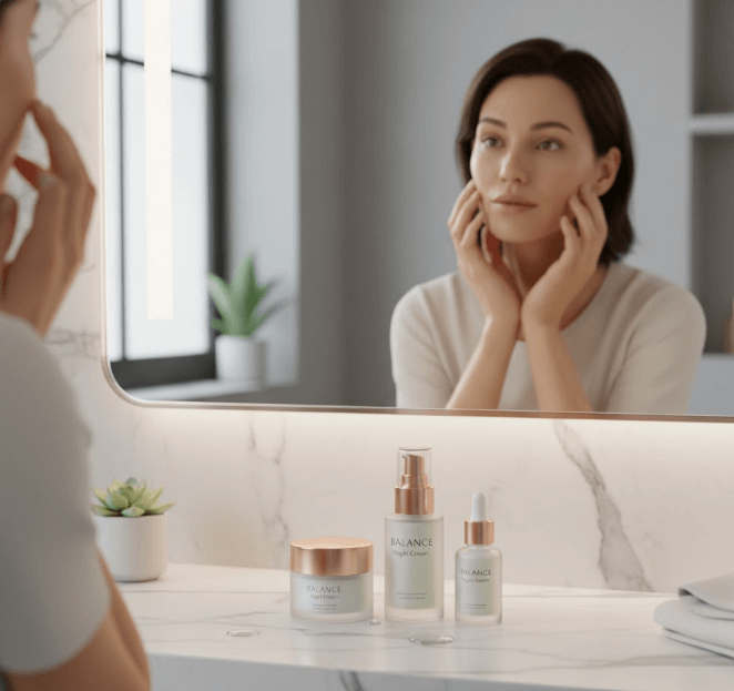 Kobieta z cerą mieszaną przygląda się swojej skórze w lustrze przed wyborem kremu na noc