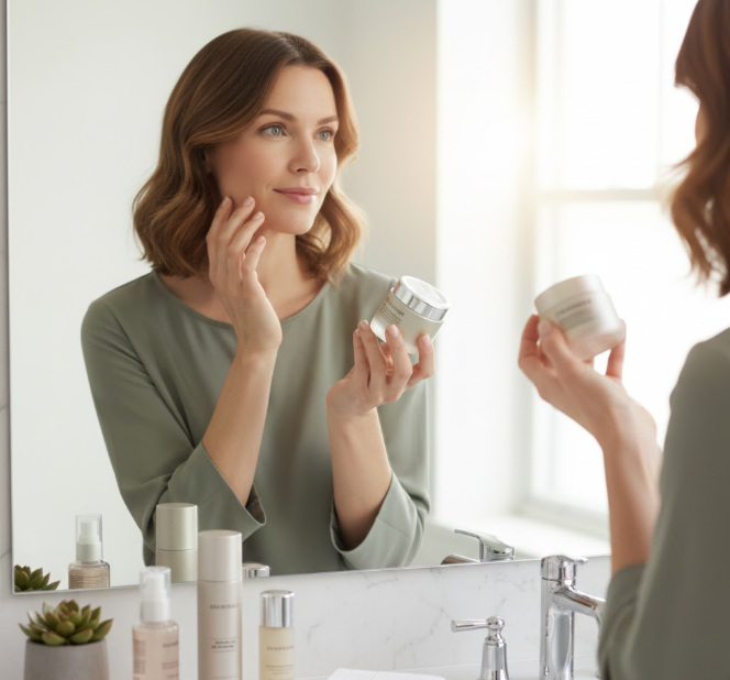 Kobieta w łazience bada delikatną skórę wokół oczu w poszukiwaniu oznak zmarszczek