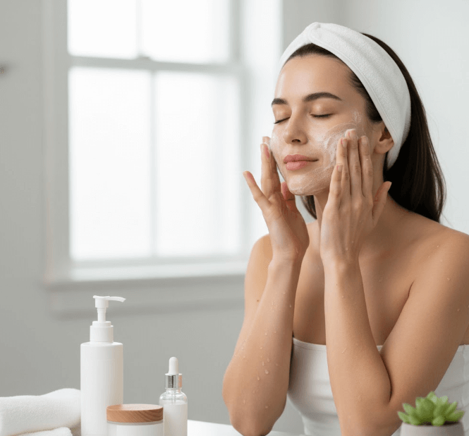 Kobieta przed lustrem w łazience przygotowuje się do domowego oczyszczania twarzy