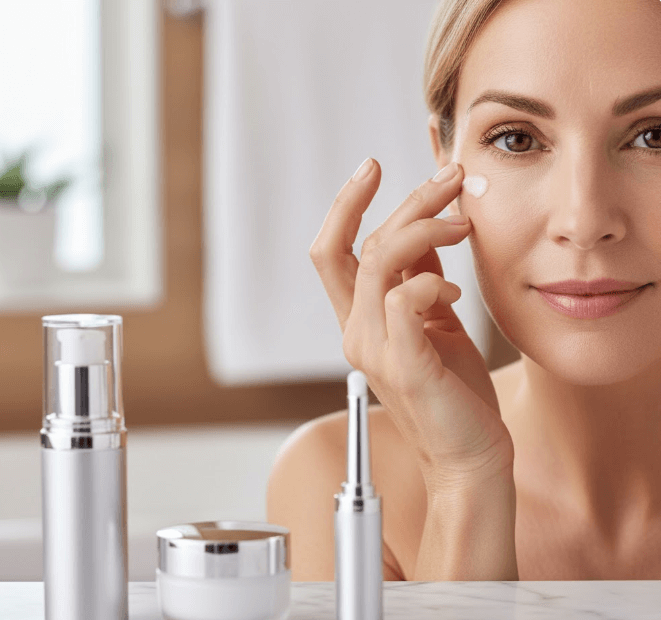 Kobieta w łazience bada delikatną skórę wokół oczu w poszukiwaniu oznak zmarszczek