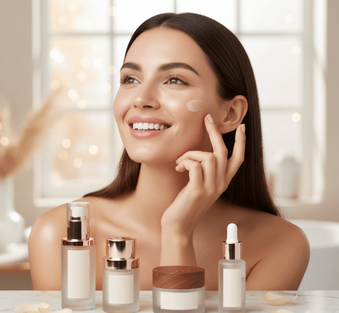 Kobieta w łazience obserwuje w lustrze swoją cerę, którą chce rozświetlić odpowiednim kremem