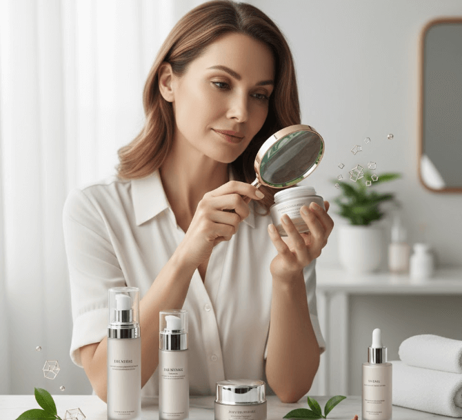 Kobieta czyta skład kremu ujędrniającego pod lupą