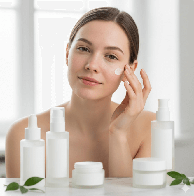 Kobieta z wrażliwą skórą przygląda się swojej cerze w lustrze przed aplikacją hipoalergicznych kosmetyków