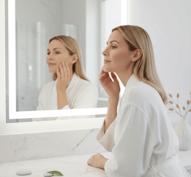 Kobieta przygląda się teksturze swojej skóry w lustrze przed wyborem kremu wygładzającego