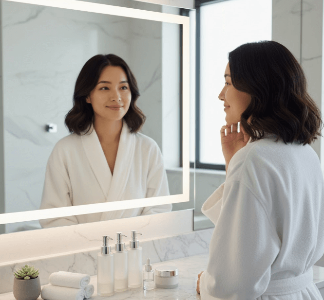 Kobieta przed lustrem w łazience zastanawia się nad wyborem zabiegu oczyszczającego dla swojej twarzy